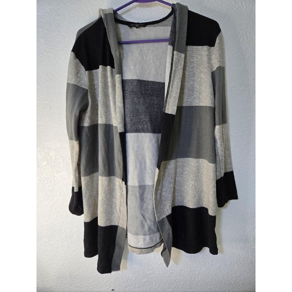 Signature Studio Cardigan Womens Medium Hooded Open Stripe Sweater